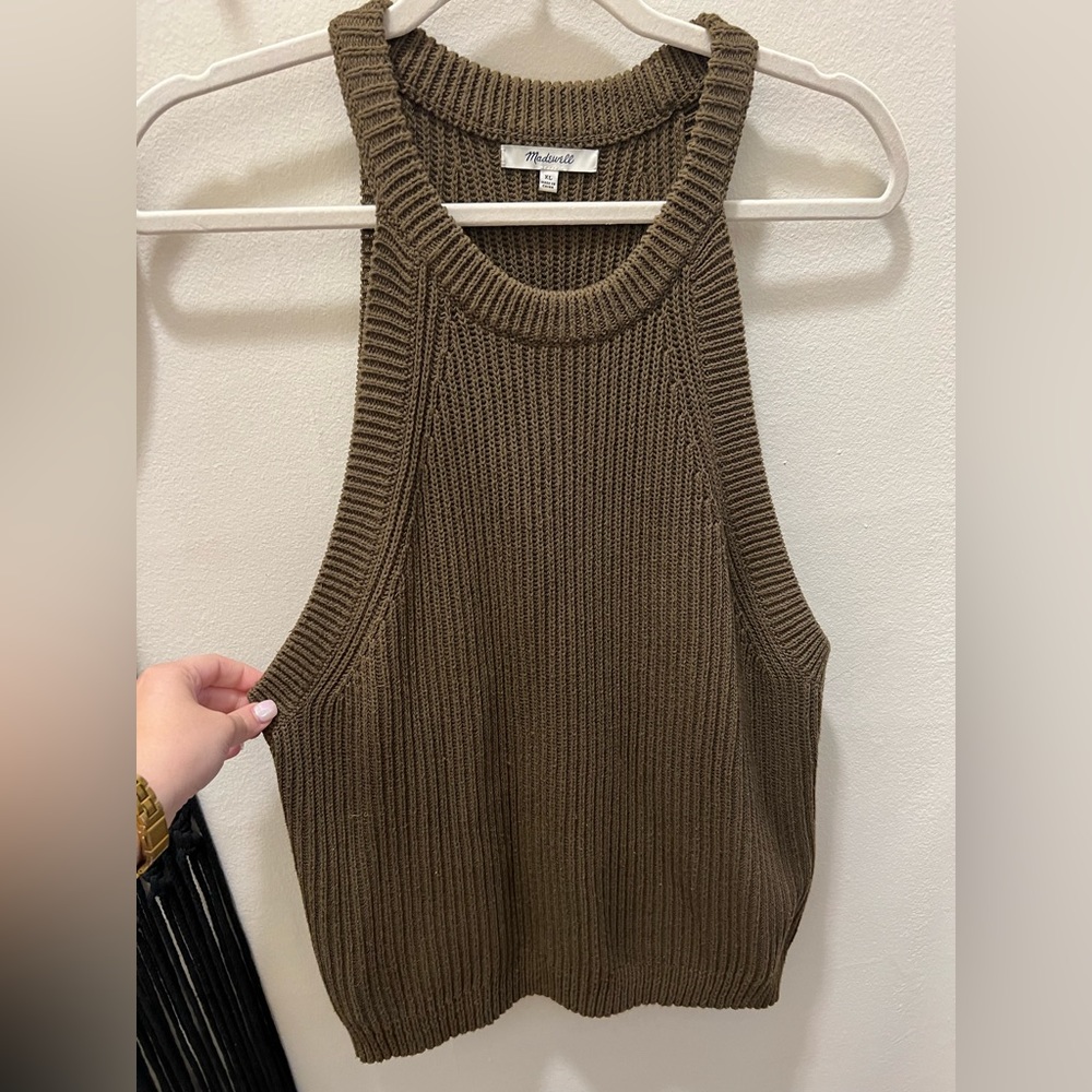 Olive green sweater tank. Low cut arm detail and halter style neck line